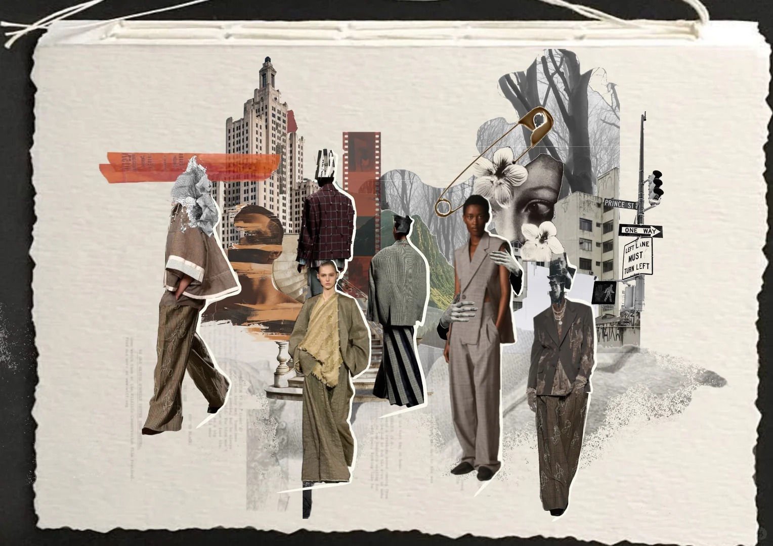 Fashion development moodboard with garments, tailoring references and city imagery