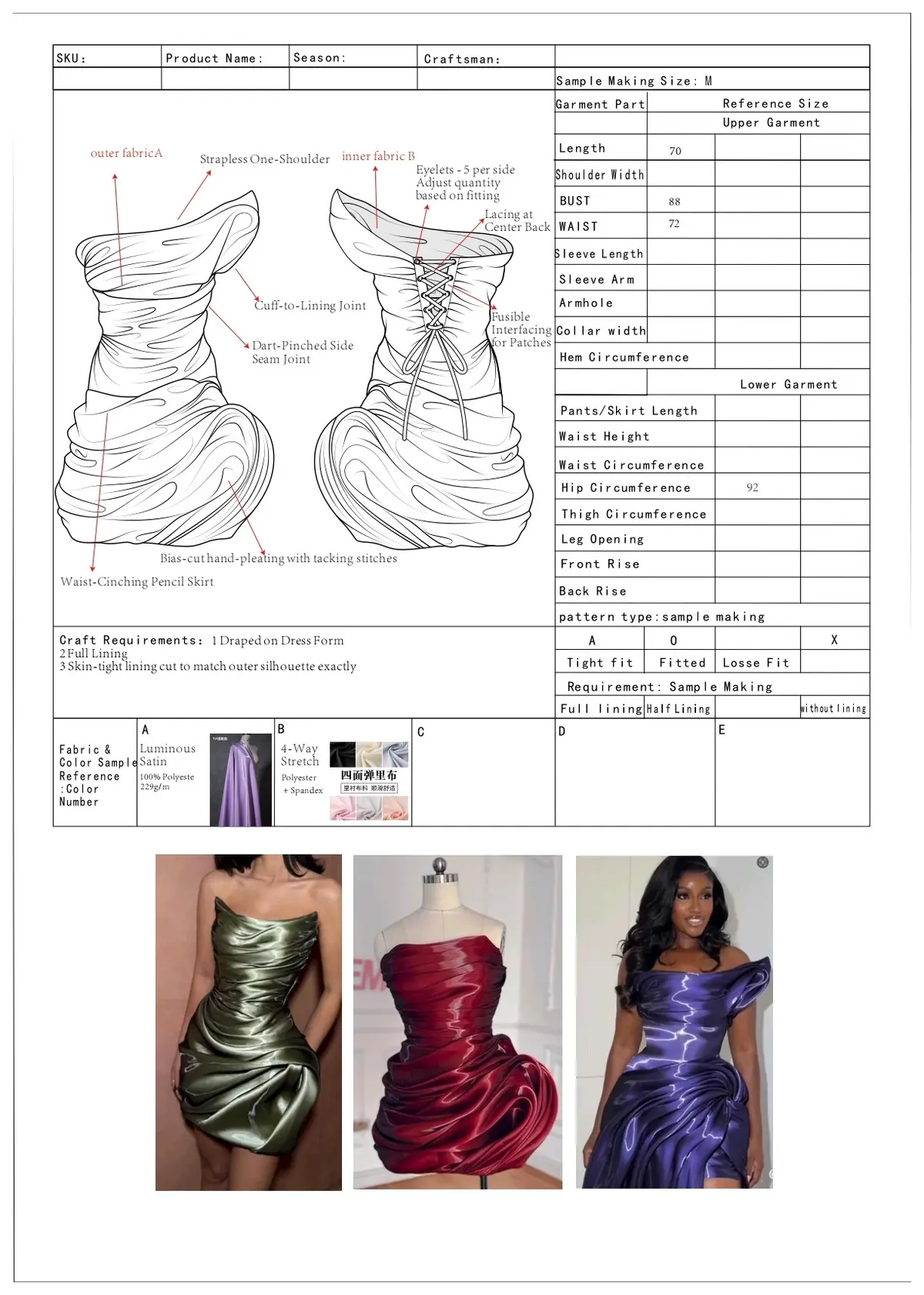Garment design drawing and technical specification sheet with reference images