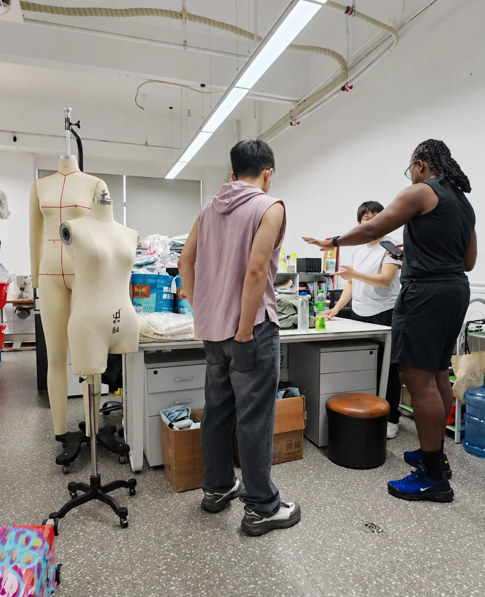 Derrick discussing garment development with a client in a sample room