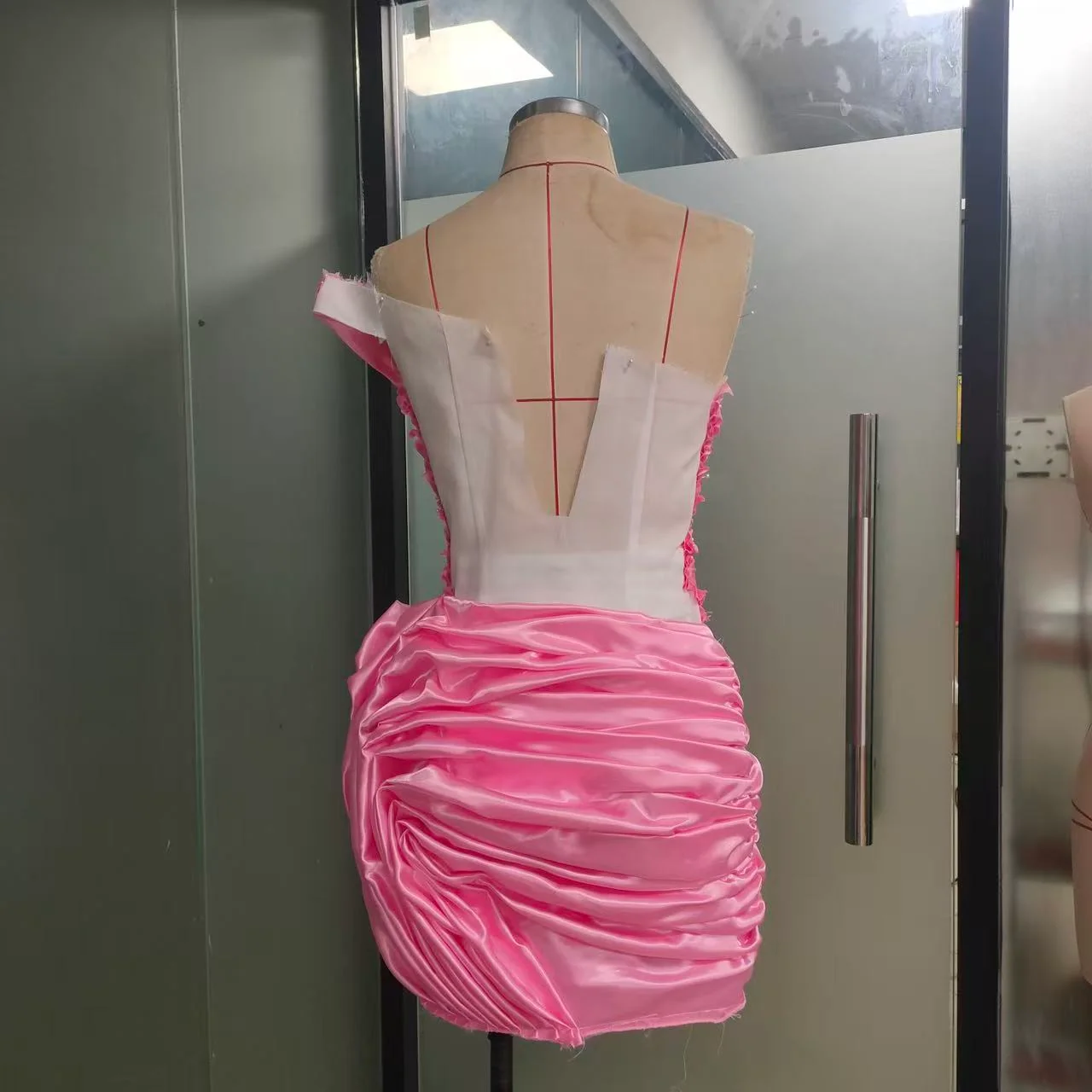 Pink revised toile viewed from the back