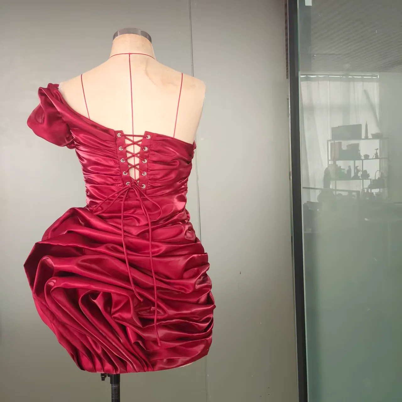 Final burgundy dress showing the back closure