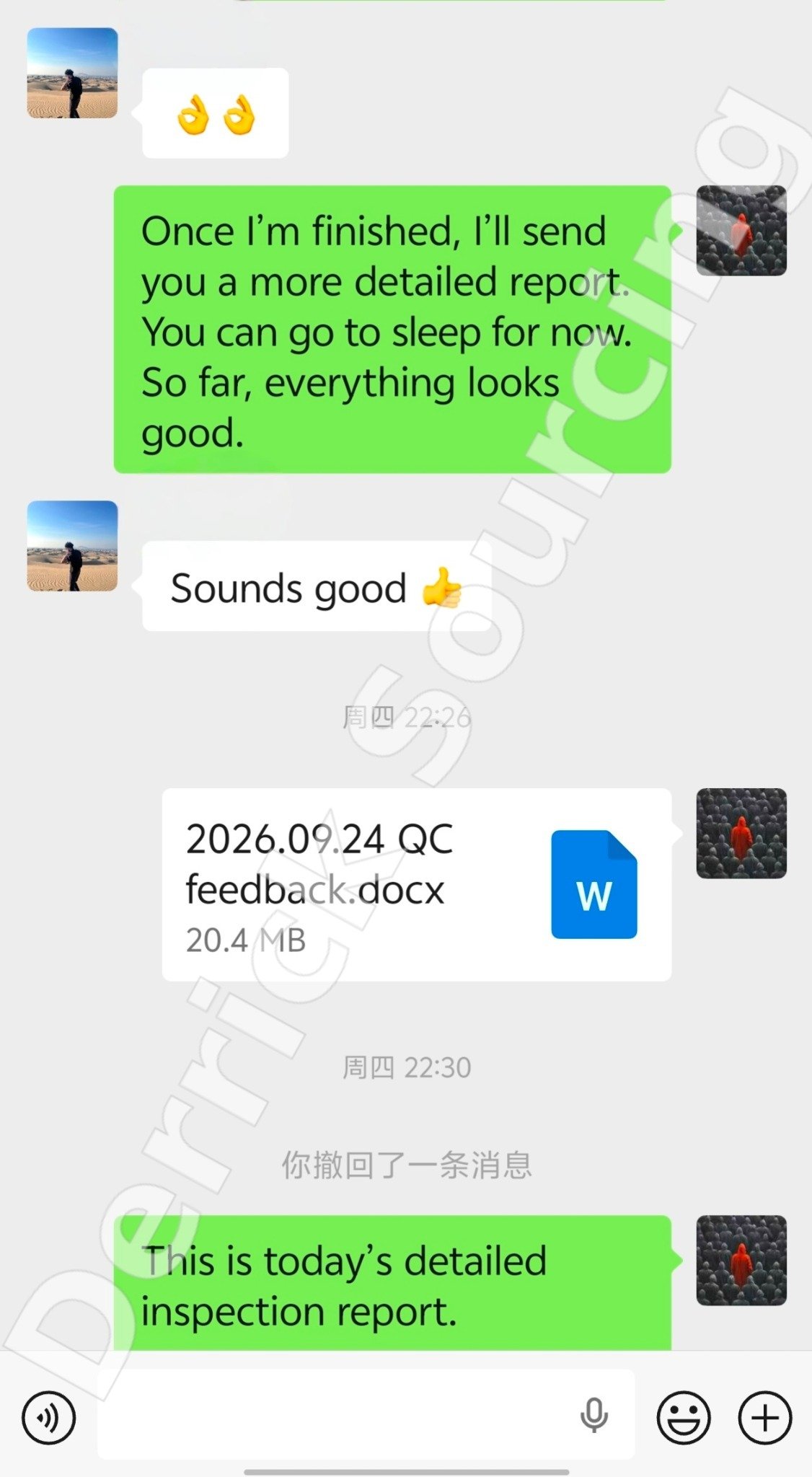Watermarked conversation showing Derrick sending a detailed quality inspection report to the activewear client