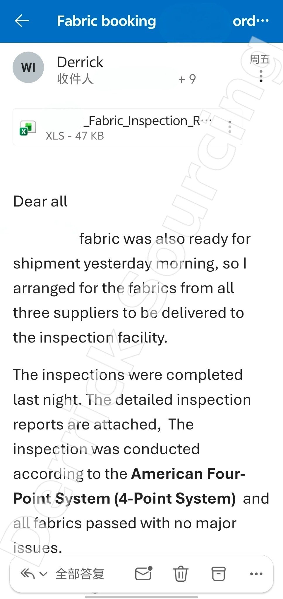 Derrick’s email update confirming inspection of fabric from three suppliers under the American four-point system