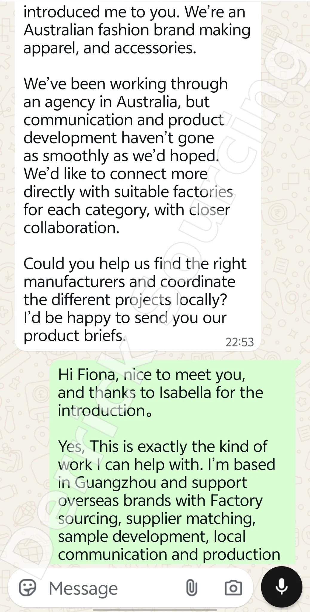 Watermarked illustration of an enquiry about sourcing apparel and accessories from suitable manufacturers in China