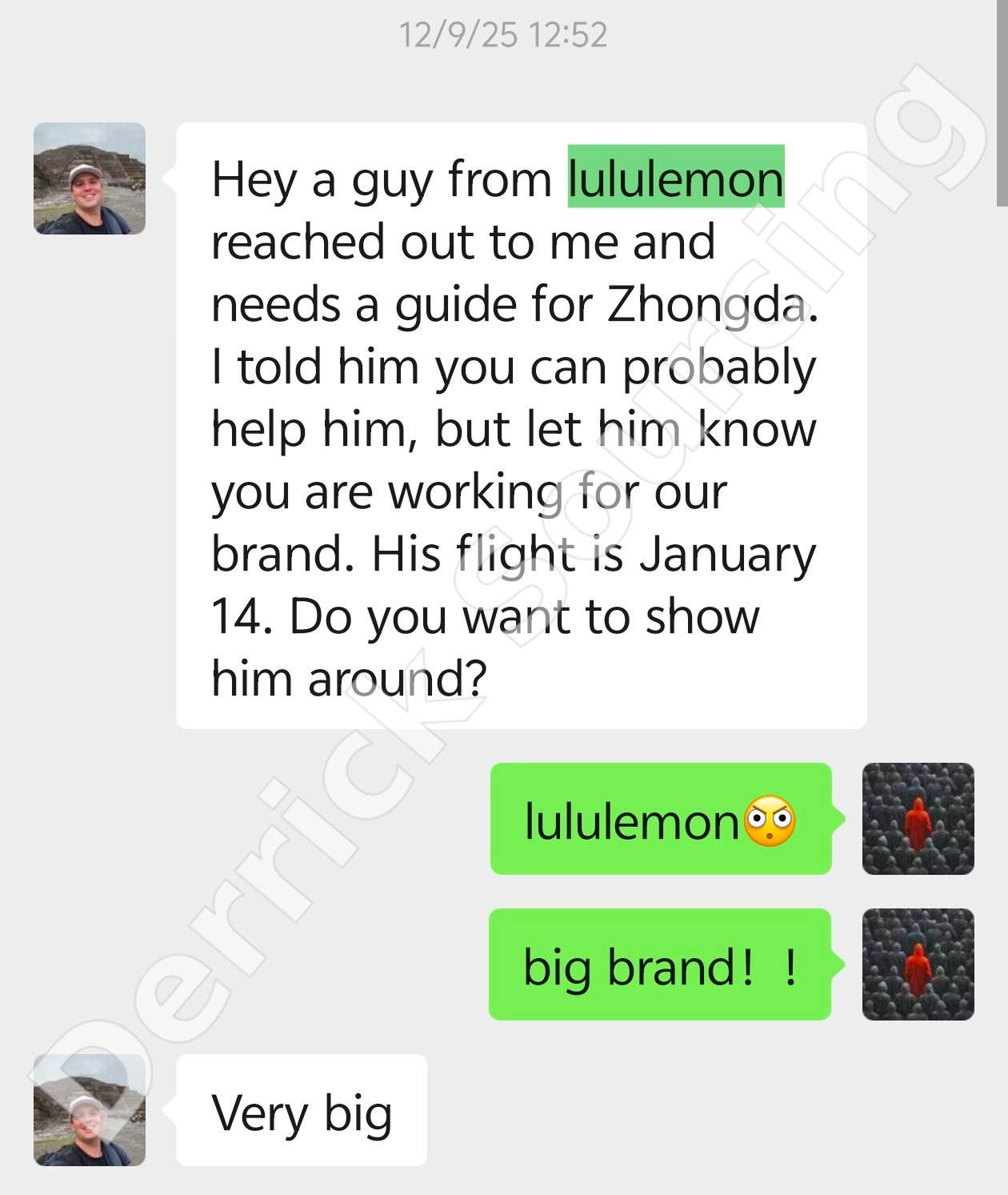 Conversation referring a contact for guidance at the Zhongda fabric market