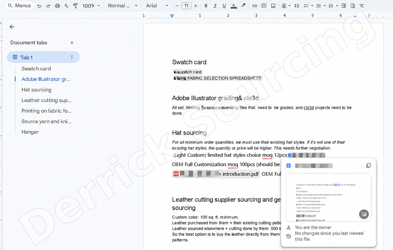 Google document showing separate sourcing requests and working notes