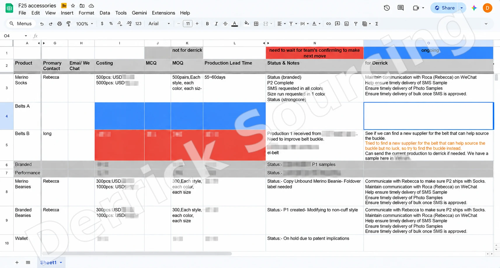 Google spreadsheet tracking accessories products, status, lead times and next actions